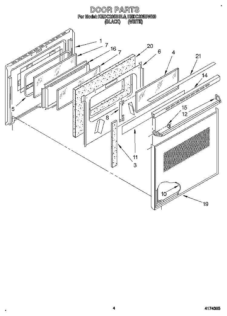 DOOR Diagram and Parts List for KEDC205BWH0  KitchenAid Range