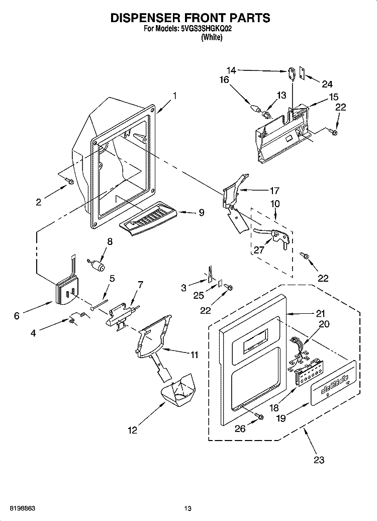 DISPENSER FRONT PARTS Diagram and Parts List for 5VGS3SHGKQ02  Whirlpool Refrigerator