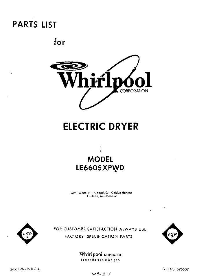 SECTION Diagram and Parts List for LE6605XPW0  Whirlpool Dryer