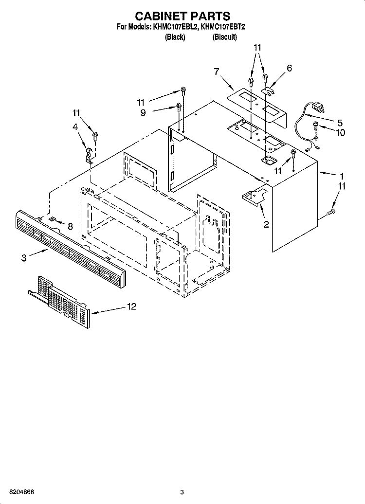 CABINET PARTS Diagram and Parts List for KHMC107EBT2  KitchenAid Microwave