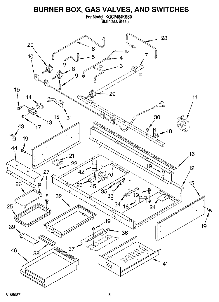 BURNER BOX, GAS VALVES, SWITCHES Diagram and Parts List for KGCP484KSS0  KitchenAid Cooktop