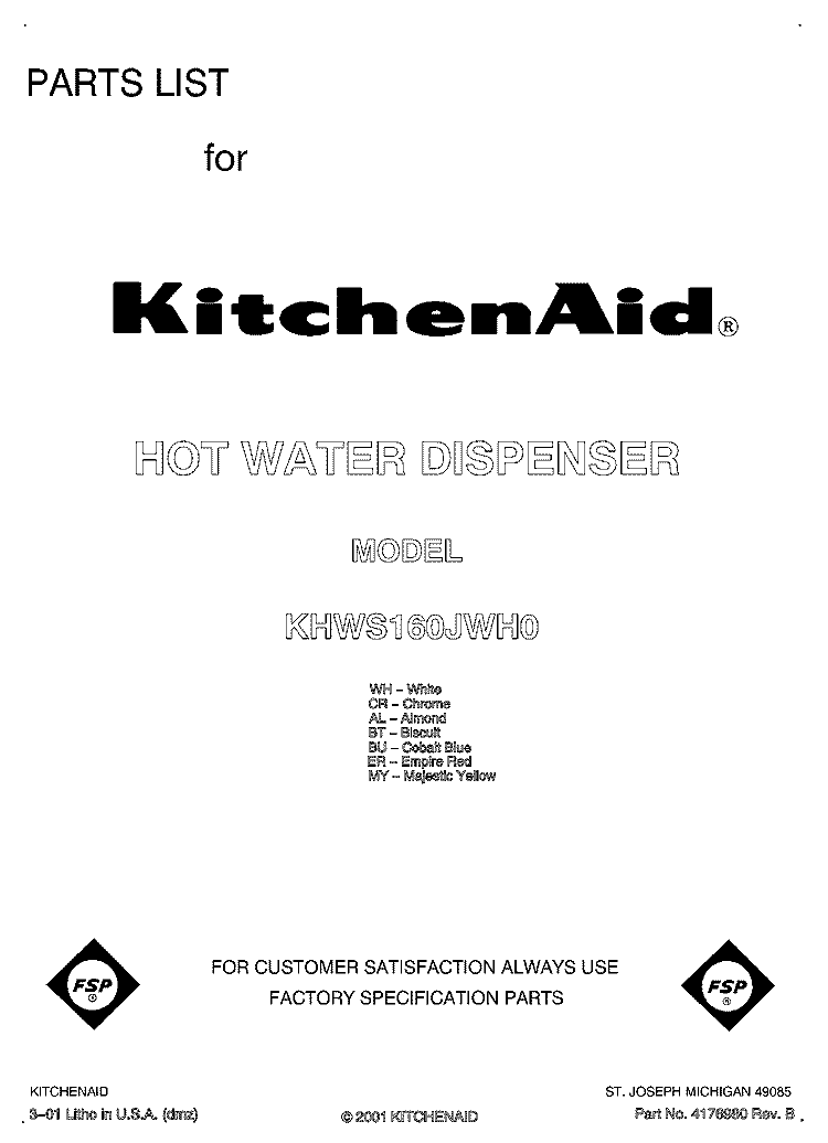 FRONT COVER Diagram and Parts List for KHWS160JMY0  KitchenAid Miscellaneous