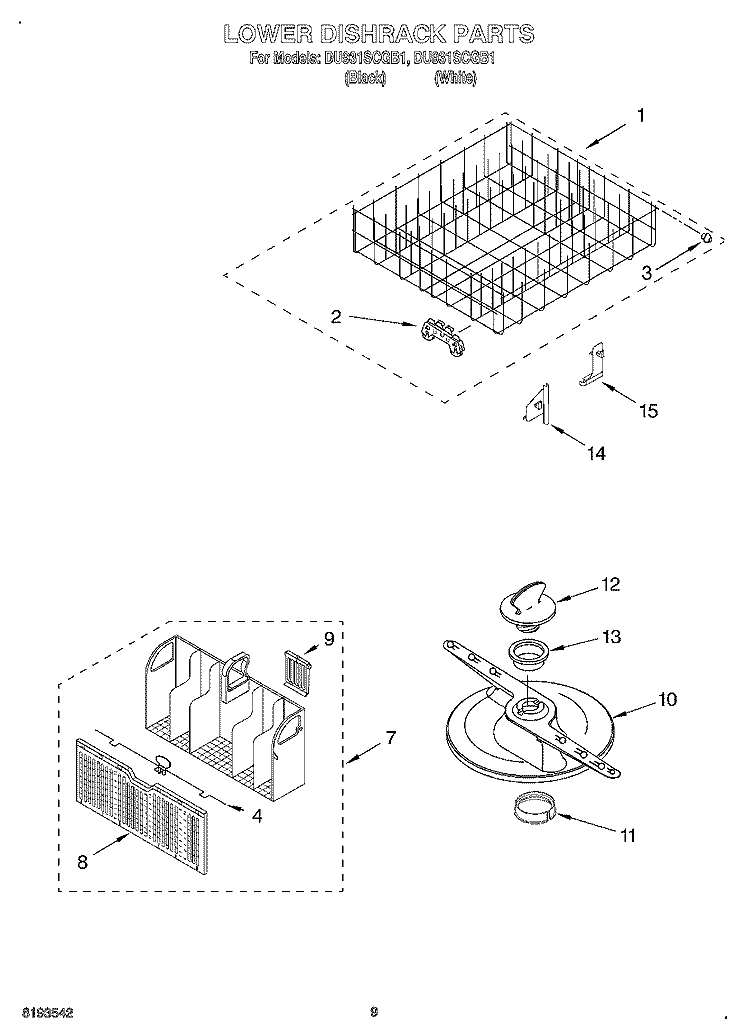 LOWER DISHRACK Diagram and Parts List for DU931SCGQ1  Whirlpool Dishwasher