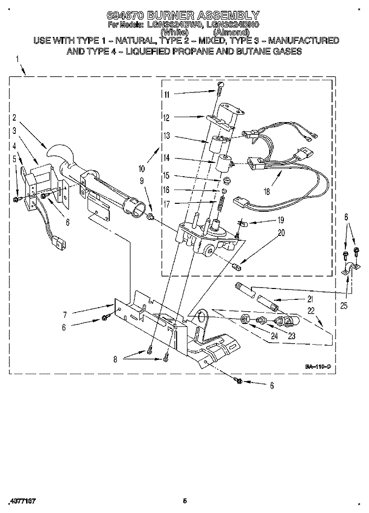694670 BURNER ASSEMBLY Diagram and Parts List for LGN3624BW0  Whirlpool Dryer