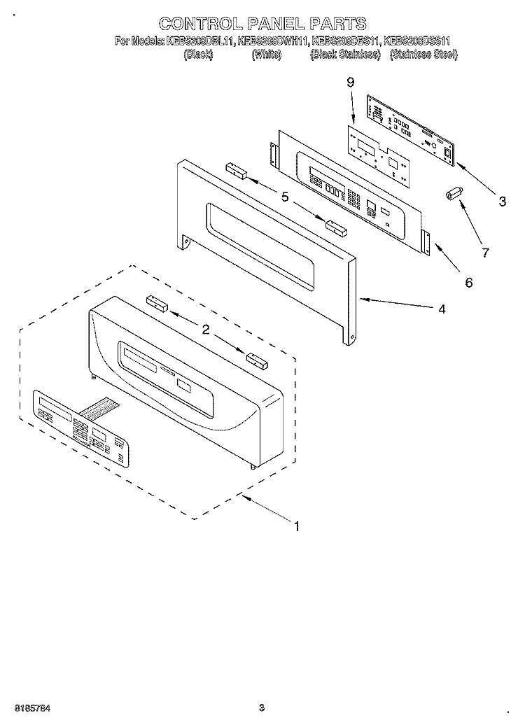 CONTROL PANEL Diagram and Parts List for KEBS208DBS11  KitchenAid Wall Oven