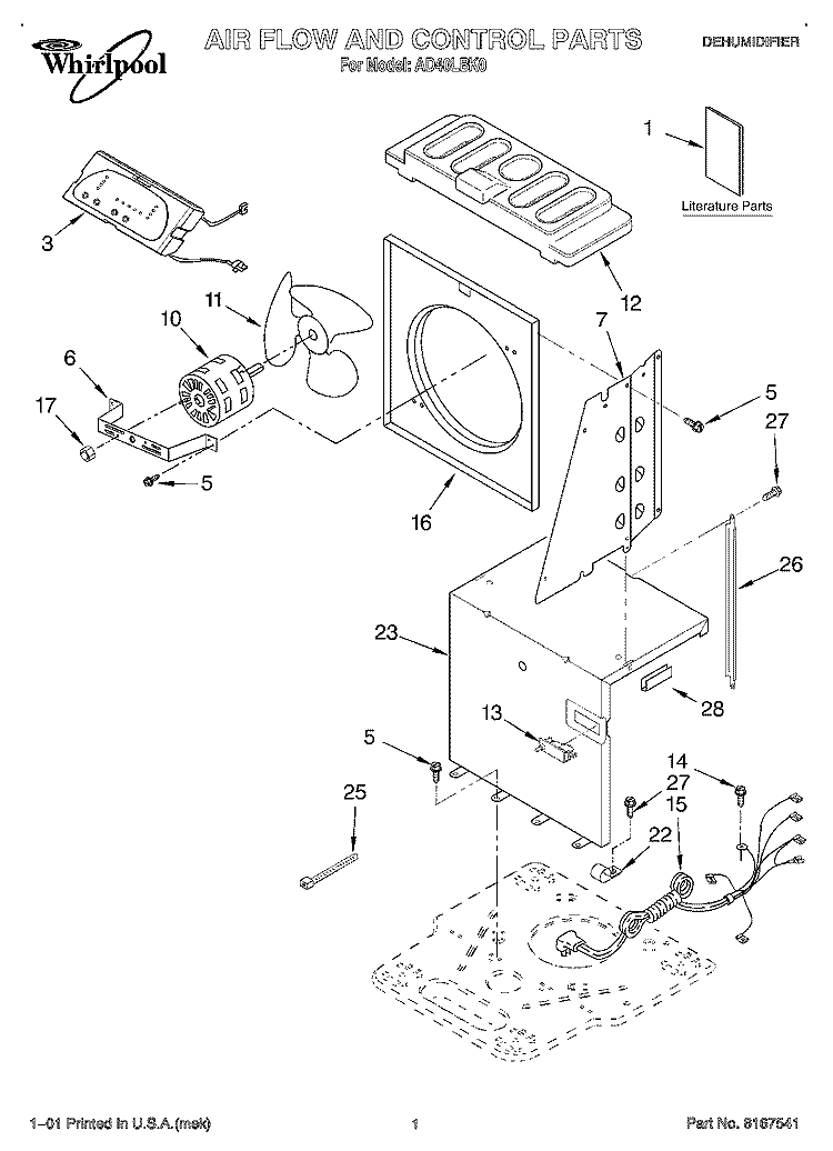 SECTION Diagram and Parts List for AD40LBK0  Whirlpool Dehumidifier