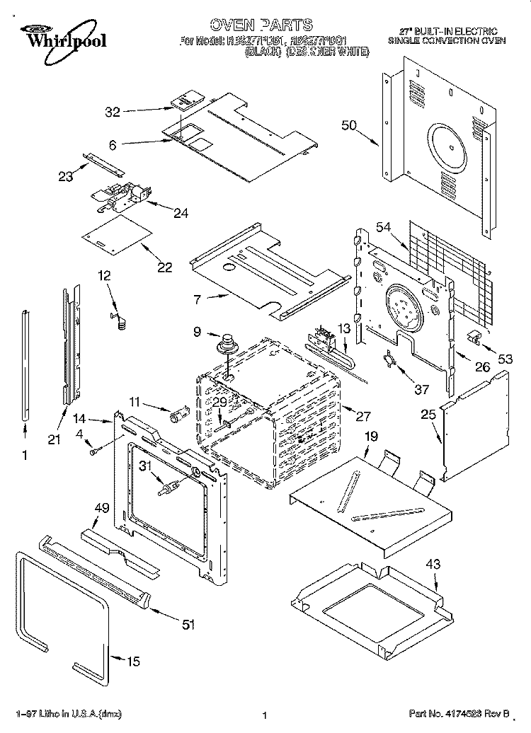 OVEN Diagram and Parts List for RBS277PDQ1  Whirlpool Wall Oven