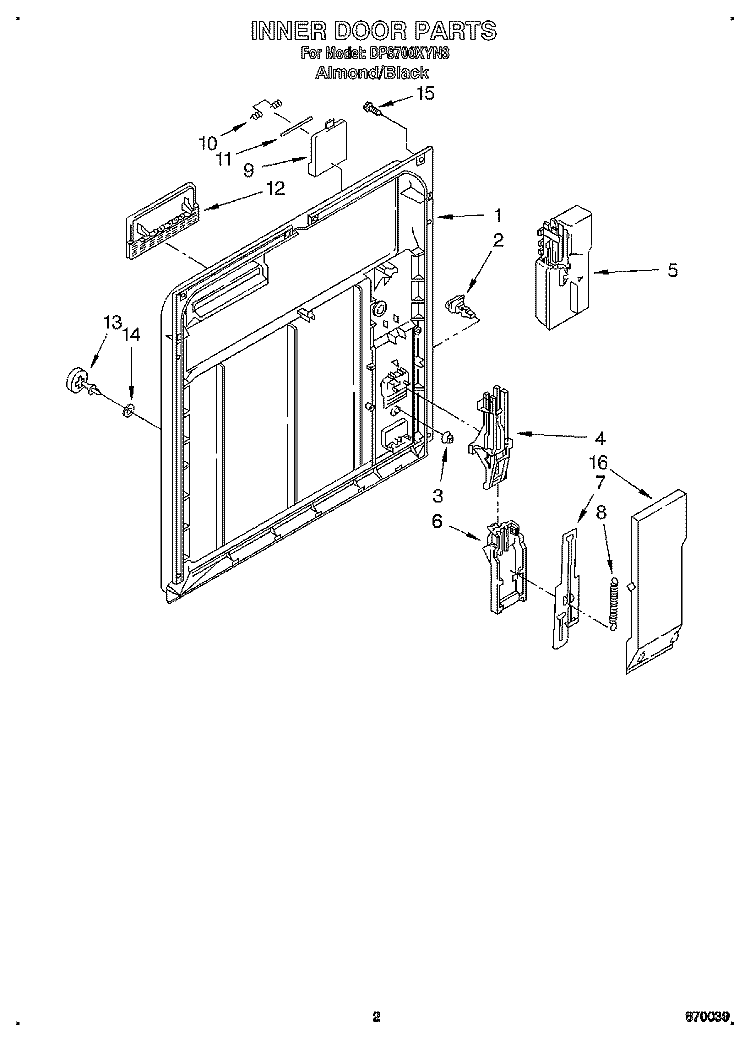 INNER DOOR Diagram and Parts List for DP8700XYN3  Whirlpool Dishwasher