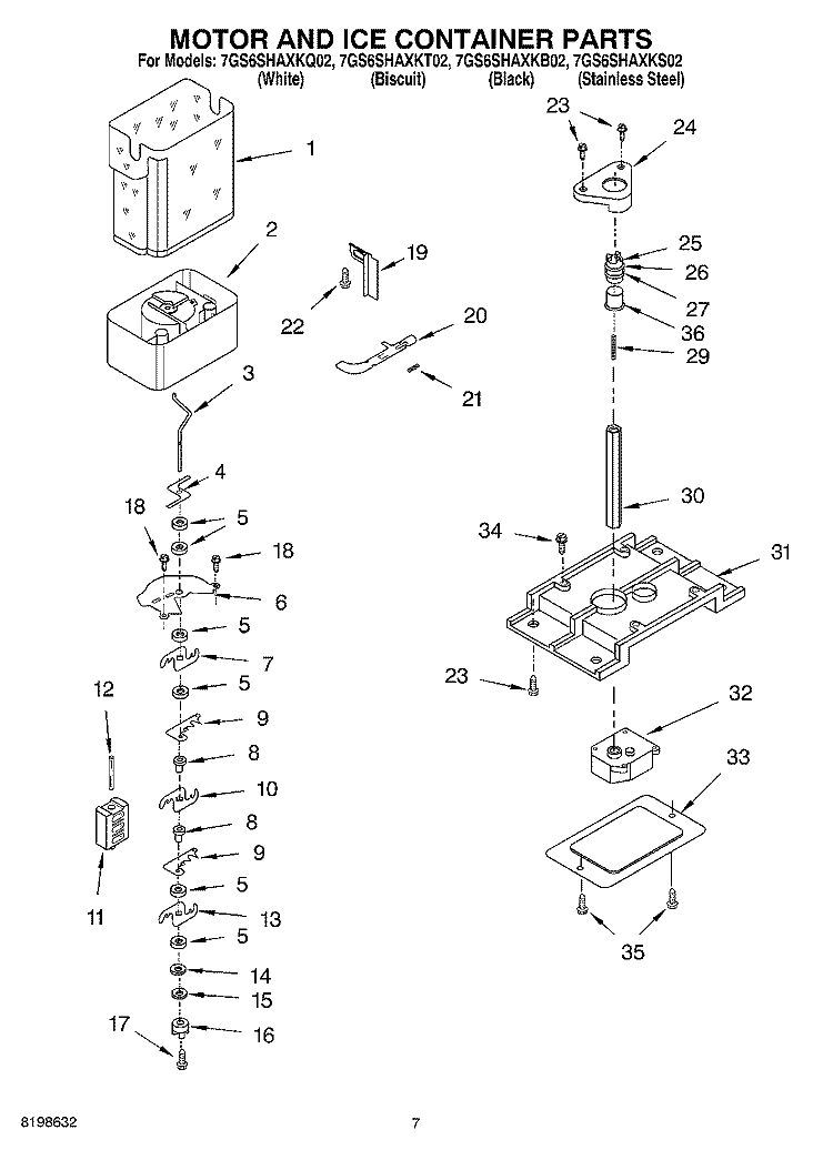 MOTOR AND ICE CONTAINER PARTS Diagram and Parts List for 7GS6SHAXKT02  Whirlpool Refrigerator