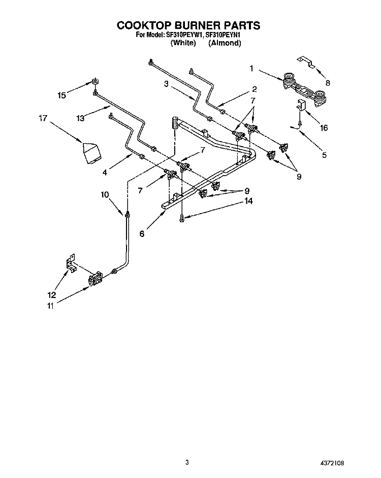 COOKTOP AND BURNER Diagram and Parts List for SF310PEYW1  Whirlpool Range