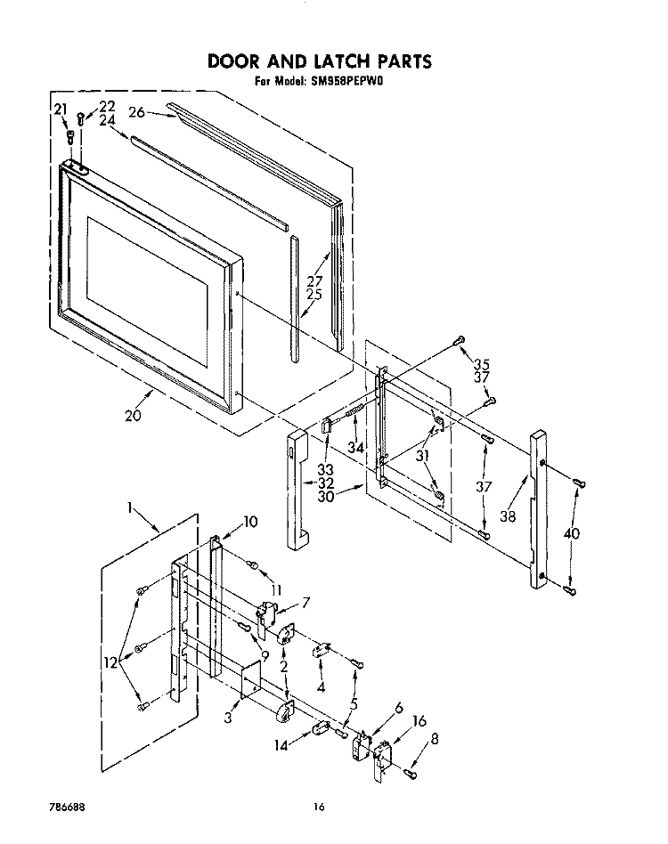 DOOR AND LATCH Diagram and Parts List for SM958PEPW0  Whirlpool Range