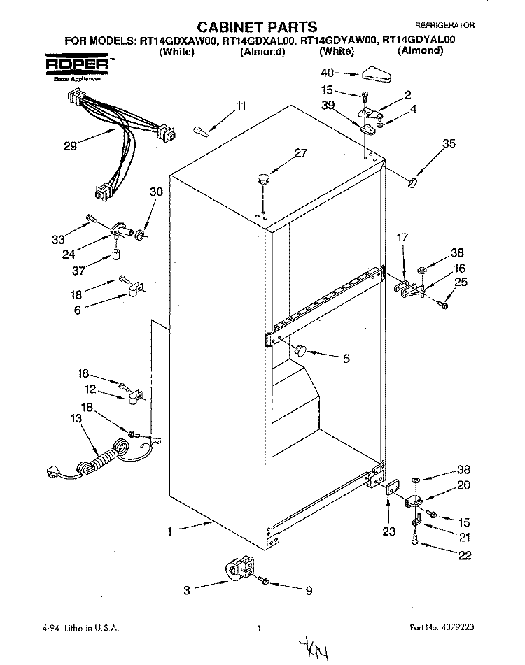 CABINET Diagram and Parts List for RT14GDXAW00  Roper Refrigerator