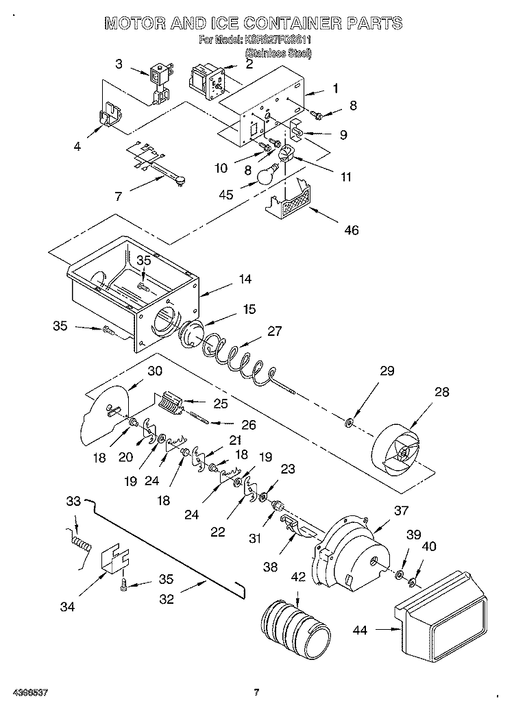 MOTOR AND ICE CONTAINER Diagram and Parts List for KSRS27FGSS11  KitchenAid Refrigerator