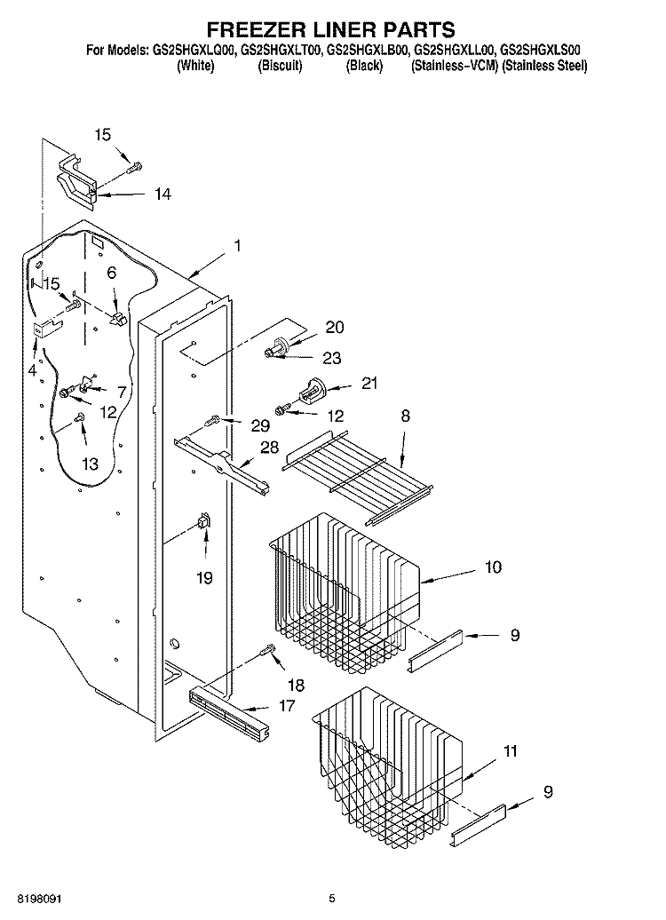 FREEZER LINER Diagram and Parts List for GS2SHGXLQ00  Whirlpool Refrigerator