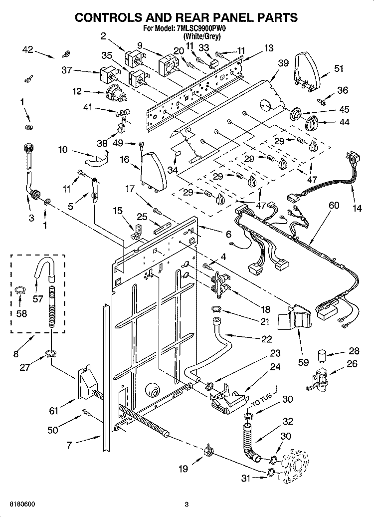 CONTROLS AND REAR PANEL PARTS Diagram and Parts List for 7MLSC9900PW0  Whirlpool Washer