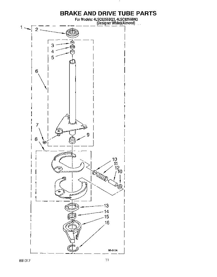 BRAKE AND DRIVE TUBE Diagram and Parts List for 4LSC8255BQ3  Whirlpool Washer