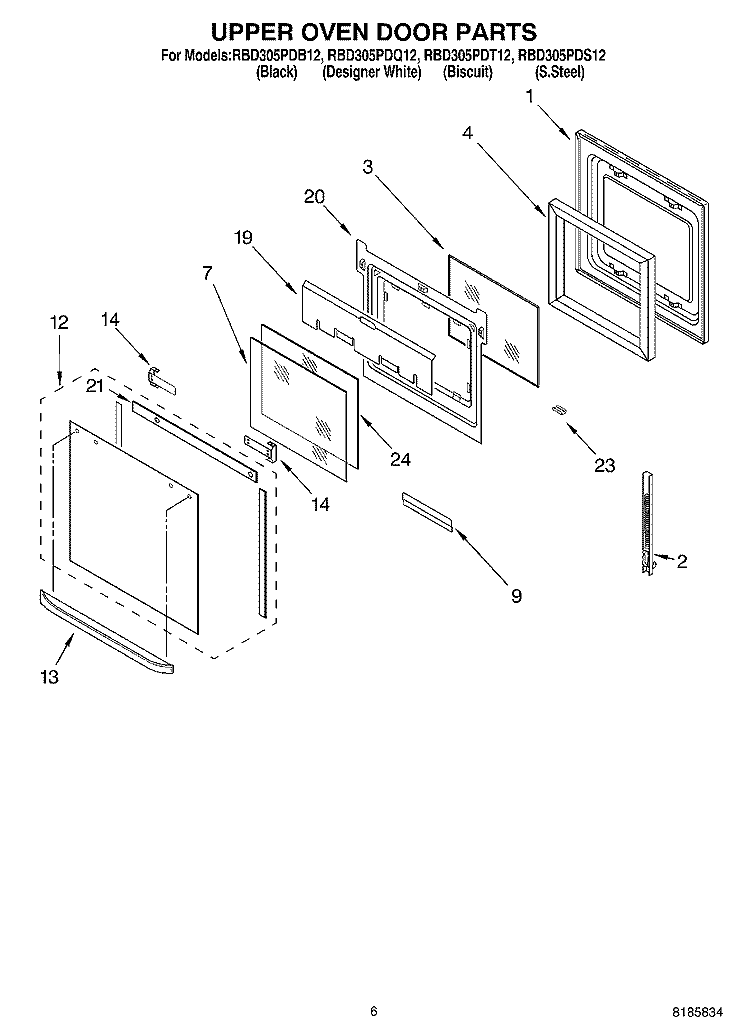 UPPER OVEN DOOR Diagram and Parts List for RBD305PDB12  Whirlpool Wall Oven