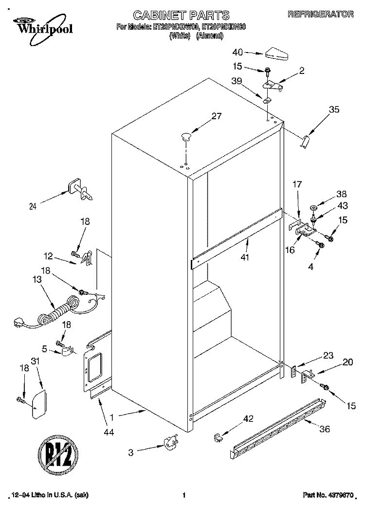 CABINET Diagram and Parts List for ET20PMXDN00  Whirlpool Refrigerator