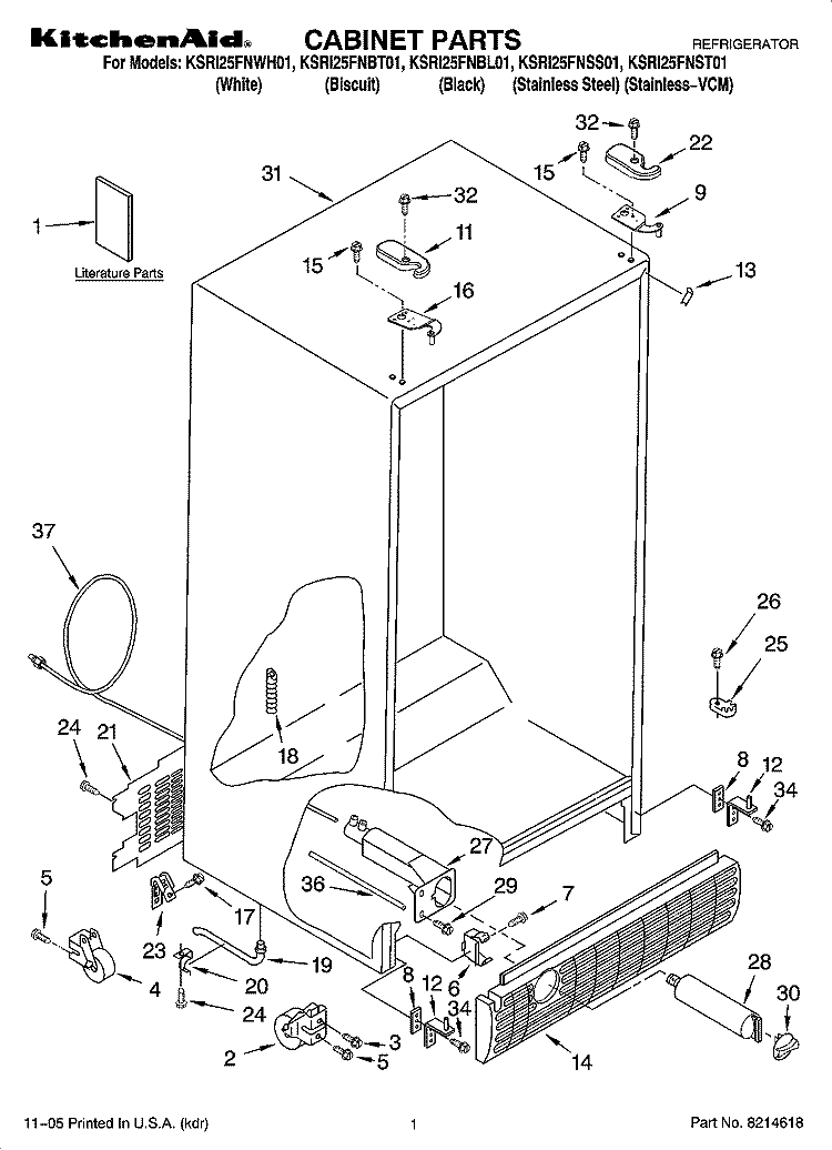 CABINET PARTS Diagram and Parts List for KSRI25FNSS01  KitchenAid Refrigerator