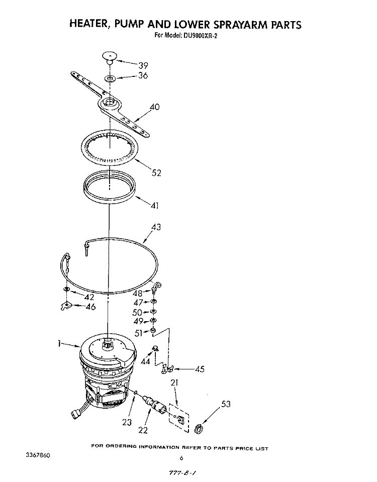 HEATER, PUMP AND LOWER SPRAY ARM Diagram and Parts List for DU9000XR2  Whirlpool Dishwasher