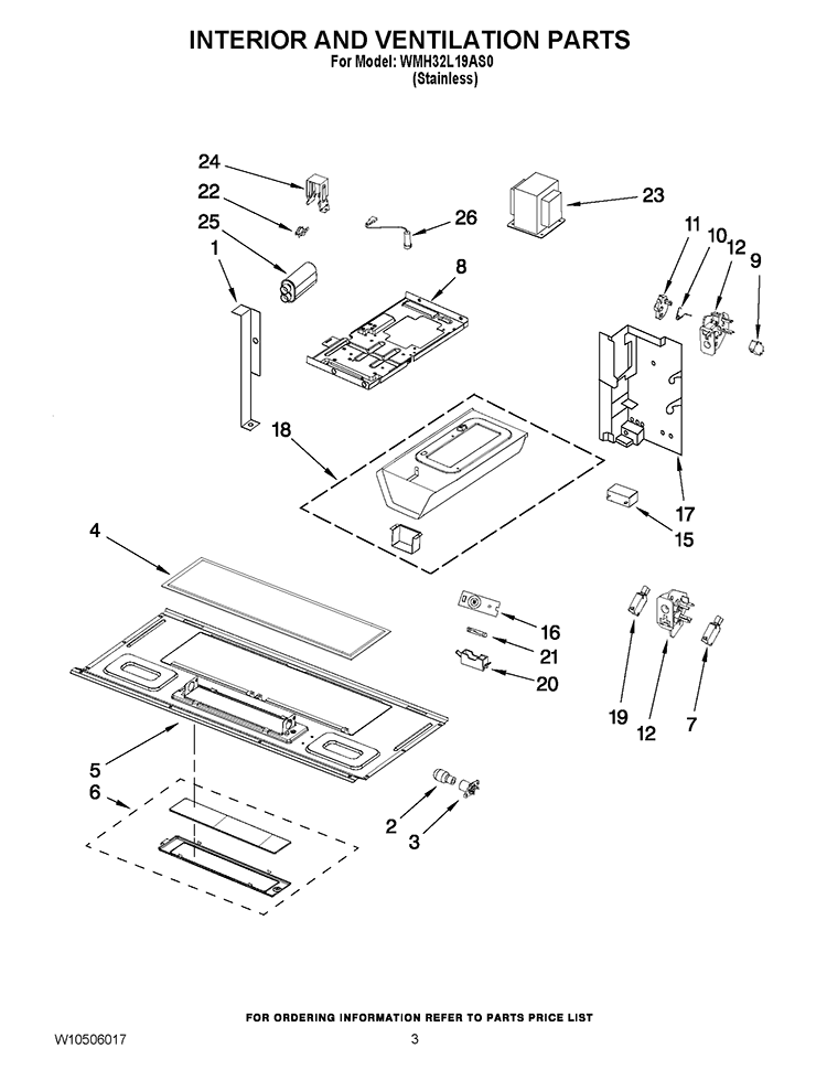 INTERIOR AND VENTILATION PARTS Diagram and Parts List for WMH32L19AS0  Whirlpool Microwave