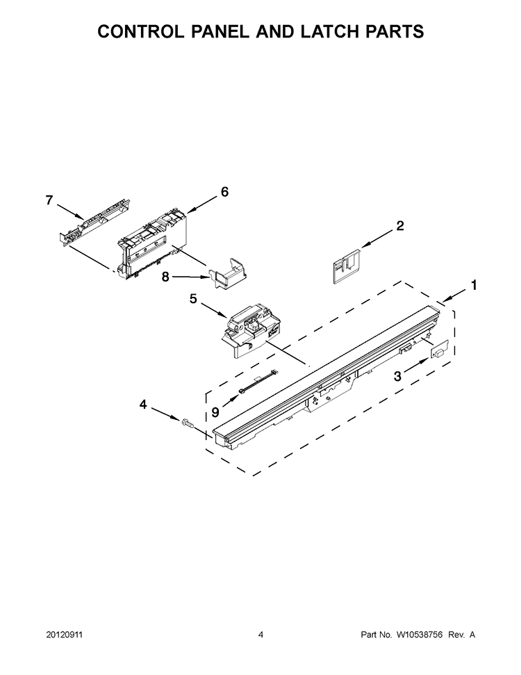 CONTROL PANEL AND LATCH PARTS Diagram and Parts List for KUDS35FBBL0  KitchenAid Dishwasher