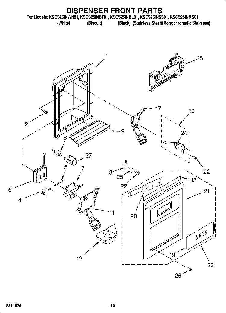 DISPENSER FRONT PARTS Diagram and Parts List for KSCS25INSS01  KitchenAid Refrigerator