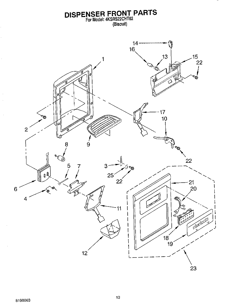 DISPENSER FRONT Diagram and Parts List for 4KSRS22CHT02  KitchenAid Refrigerator