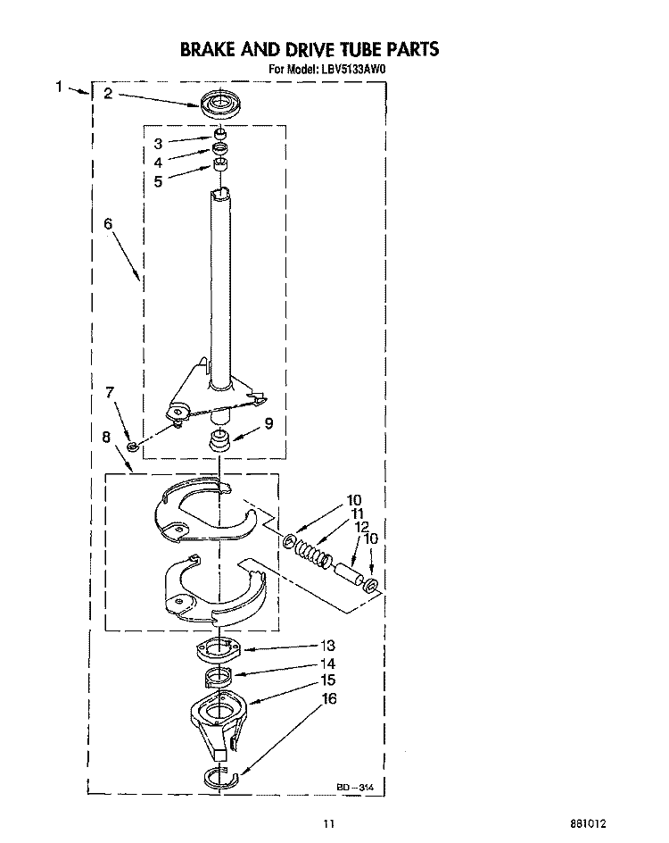 BRAKE AND DRIVE TUBE Diagram and Parts List for LBV5133AW0  Whirlpool Washer