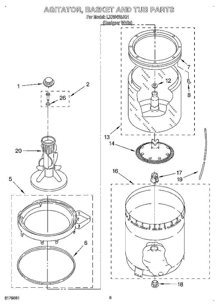 AGITATOR, BASKET AND TUB Diagram and Parts List for LXR6432JQ1  Whirlpool Washer