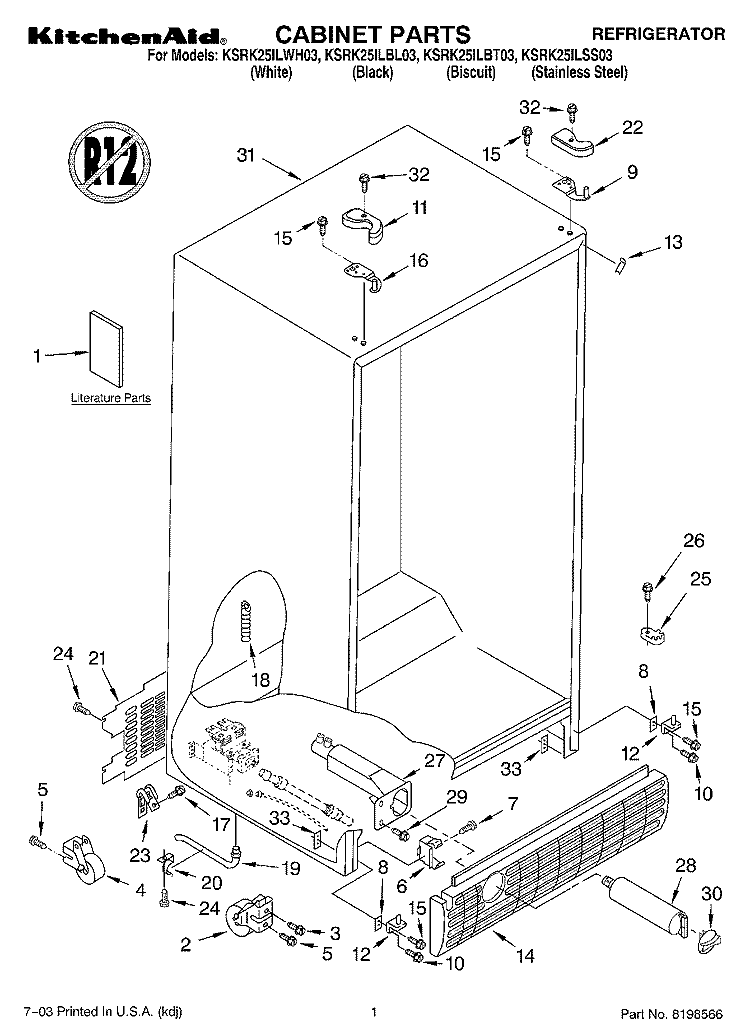CABINET PARTS Diagram and Parts List for KSRK25ILBT03  KitchenAid Refrigerator