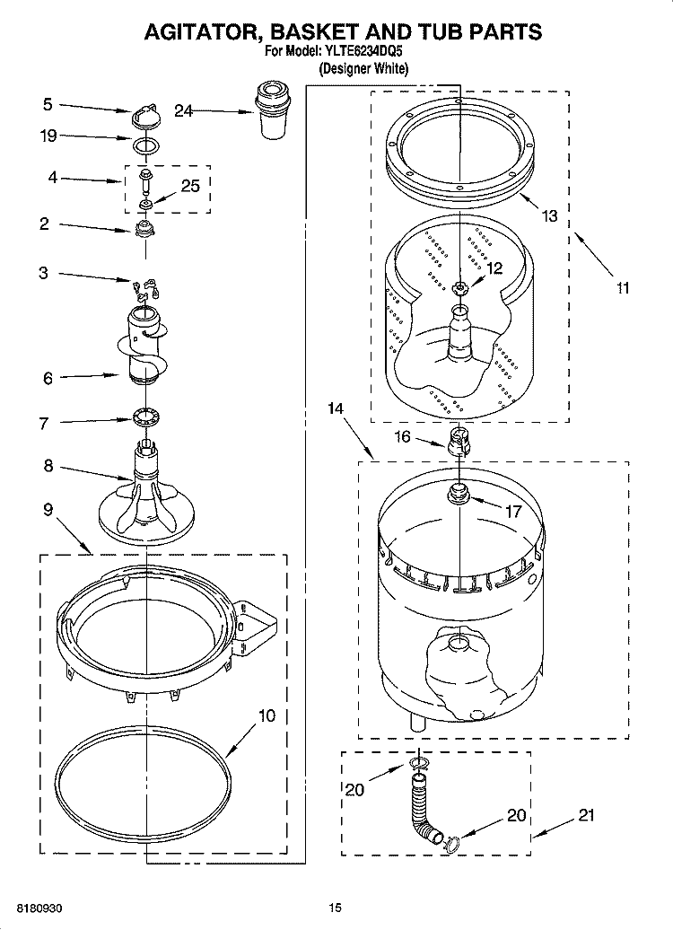 AGITATOR, BASKET AND TUB PARTS Diagram and Parts List for YLTE6234DQ5  Whirlpool Washer Dryer Combo