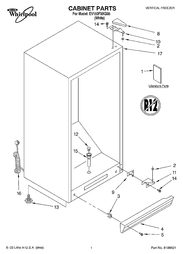 CABINET PARTS Diagram and Parts List for EV150FXKQ05  Whirlpool Freezer