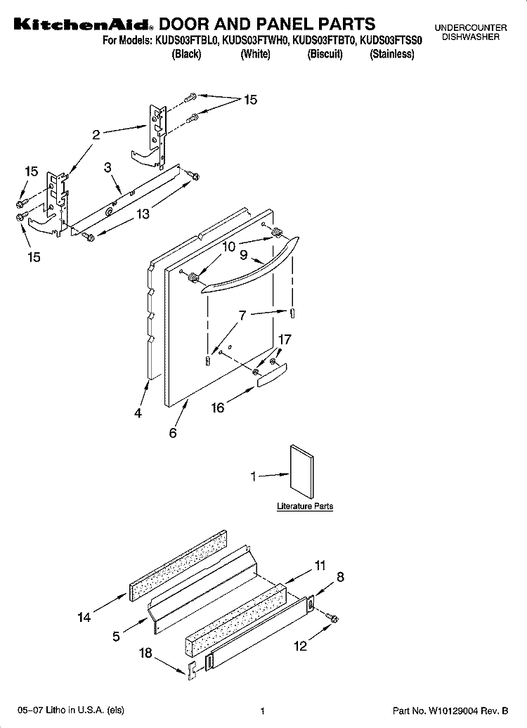 DOOR AND PANEL PARTS Diagram and Parts List for KUDS03FTBL0  KitchenAid Dishwasher