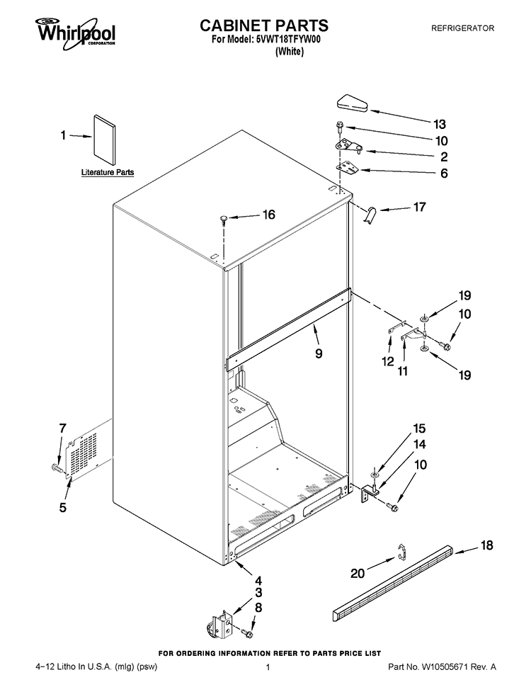 CABINET PARTS Diagram and Parts List for 5VWT18TFYW00  Whirlpool Refrigerator