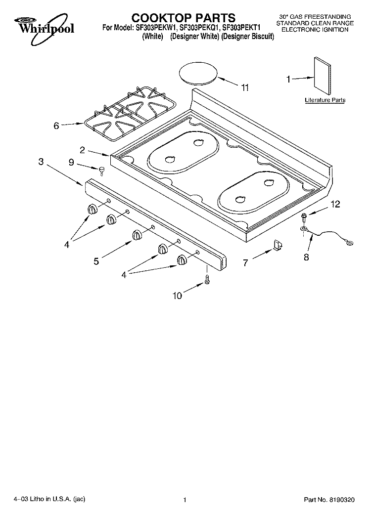 COOKTOP PARTS Diagram and Parts List for SF303PEKT1  Whirlpool Range