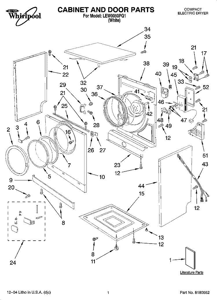 CABINET AND DOOR PARTS Diagram and Parts List for LEW0050PQ1  Whirlpool Dryer