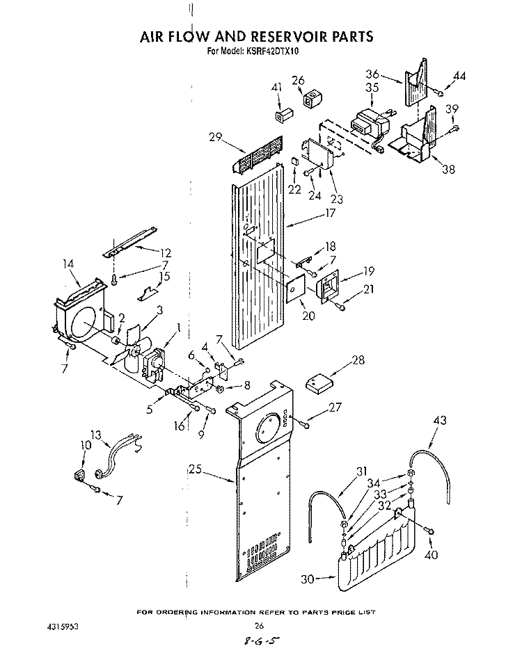 AIR FLOW AND RESERVOIR Diagram and Parts List for KSRF42DTX10  KitchenAid Refrigerator
