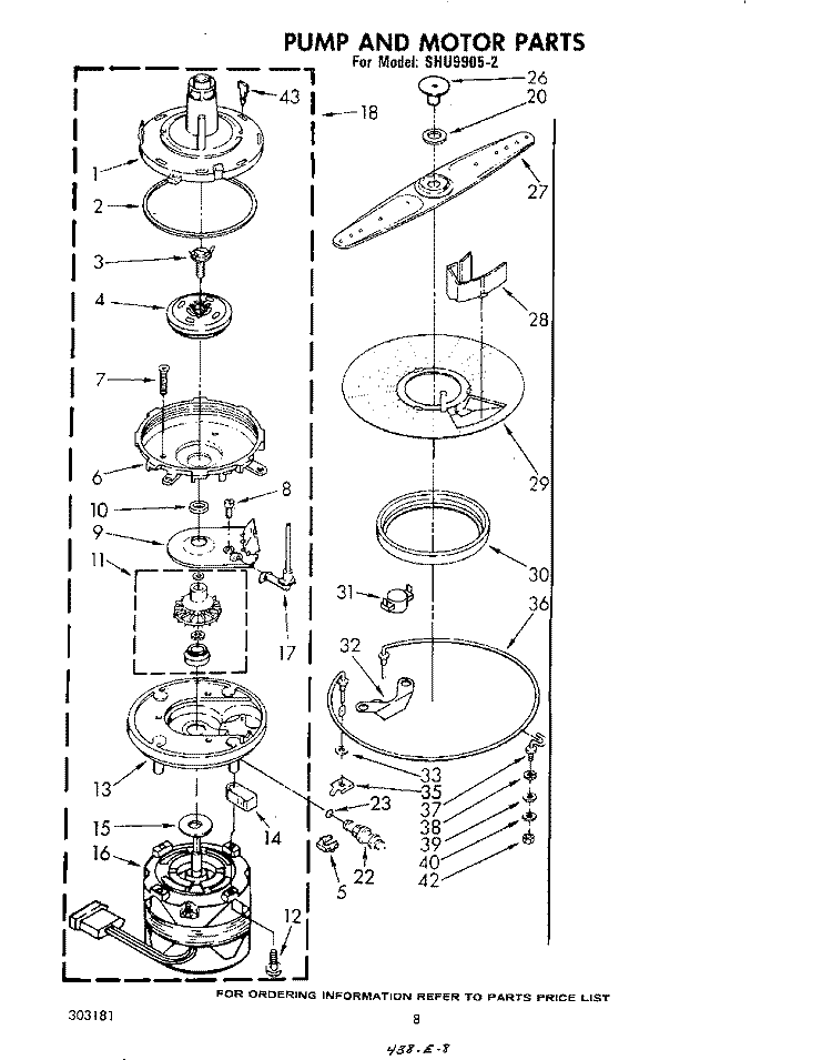 PUMP AND MOTOR Diagram and Parts List for SHU99052  Whirlpool Dishwasher