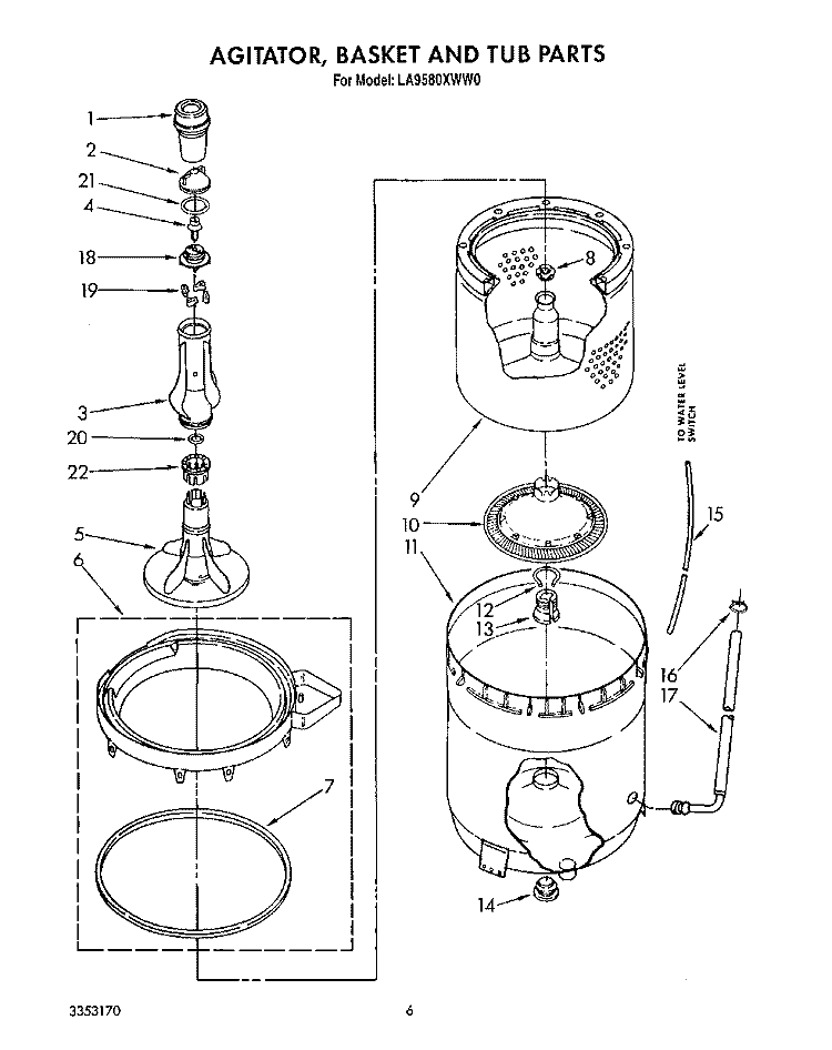 AGITATOR, BASKET AND TUB Diagram and Parts List for LA9580XWF0  Whirlpool Washer