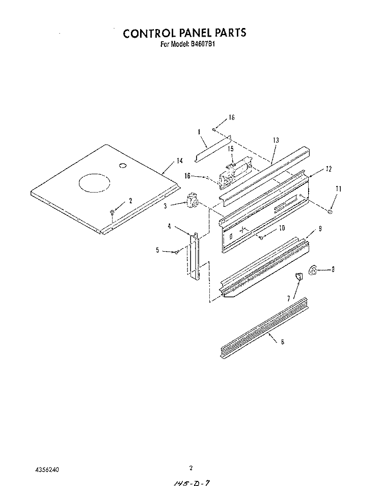 CONTROL PANEL Diagram and Parts List for B4607B1  Roper Range