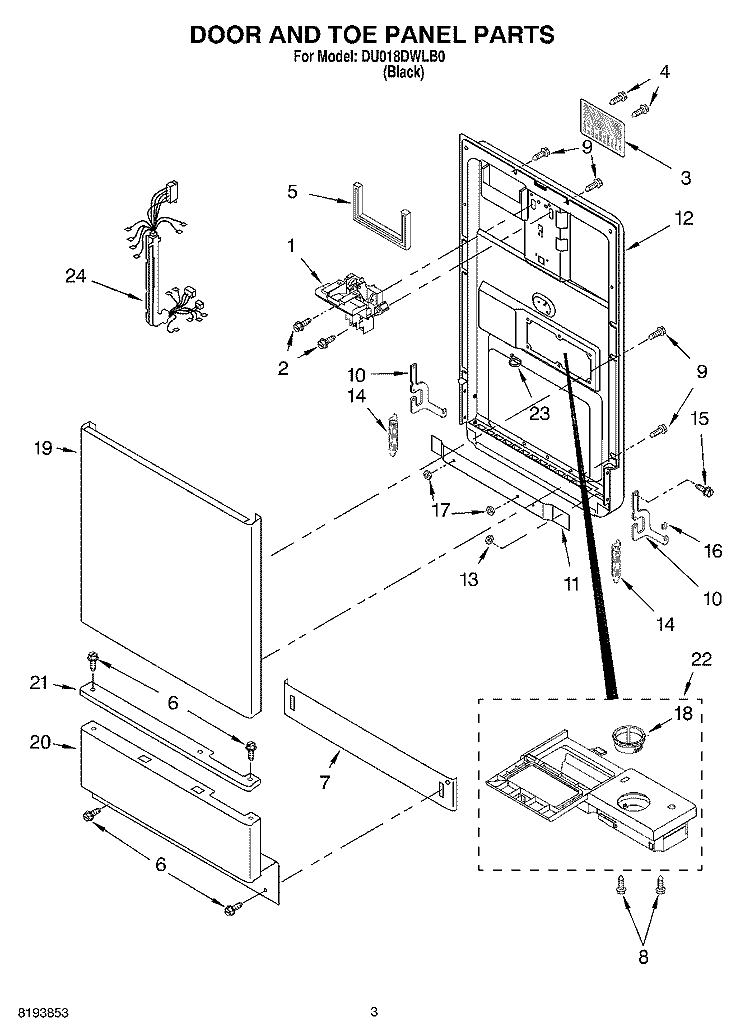 DOOR AND TOE PANEL PARTS Diagram and Parts List for DU018DWLB0  Whirlpool Dishwasher