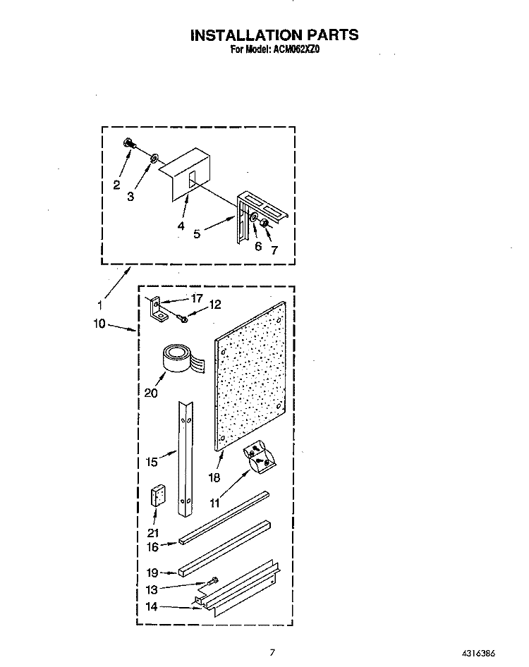 INSTALLATION, LITERATURE Diagram and Parts List for ACM062XZ0  Whirlpool Air Conditioner