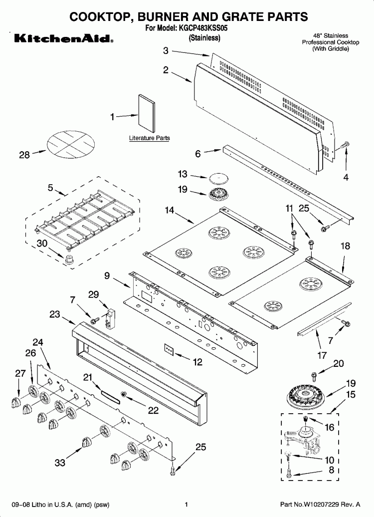 COOKTOP, BURNER AND GRATE PARTS Diagram and Parts List for KGCP483KSS05  KitchenAid Cooktop