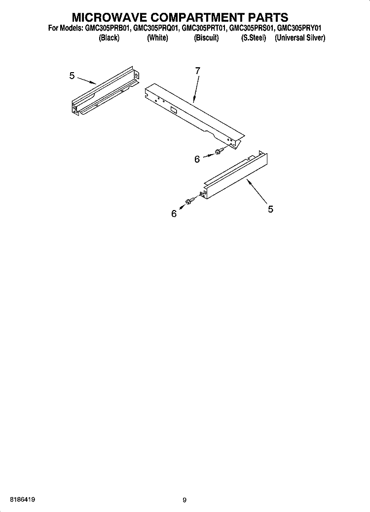 MICROWAVE COMPARTMENT PARTS Diagram and Parts List for GMC305PRS01  Whirlpool Microwave Oven Combo