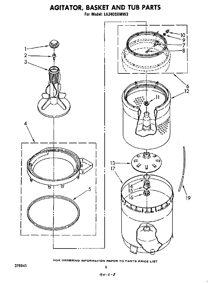 AGITATOR, BASKET AND TUB Diagram and Parts List for LA3400XMW3  Whirlpool Washer