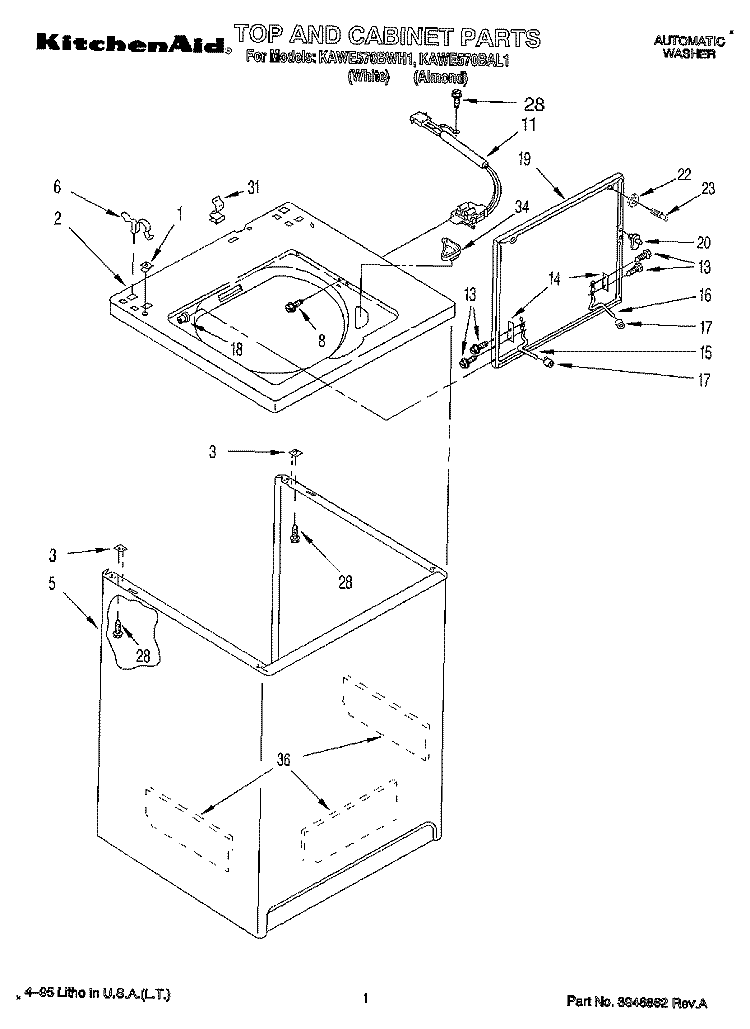 TOP AND CABINET, LIT/OPTIONAL Diagram and Parts List for KAWE570BWH1  KitchenAid Washer