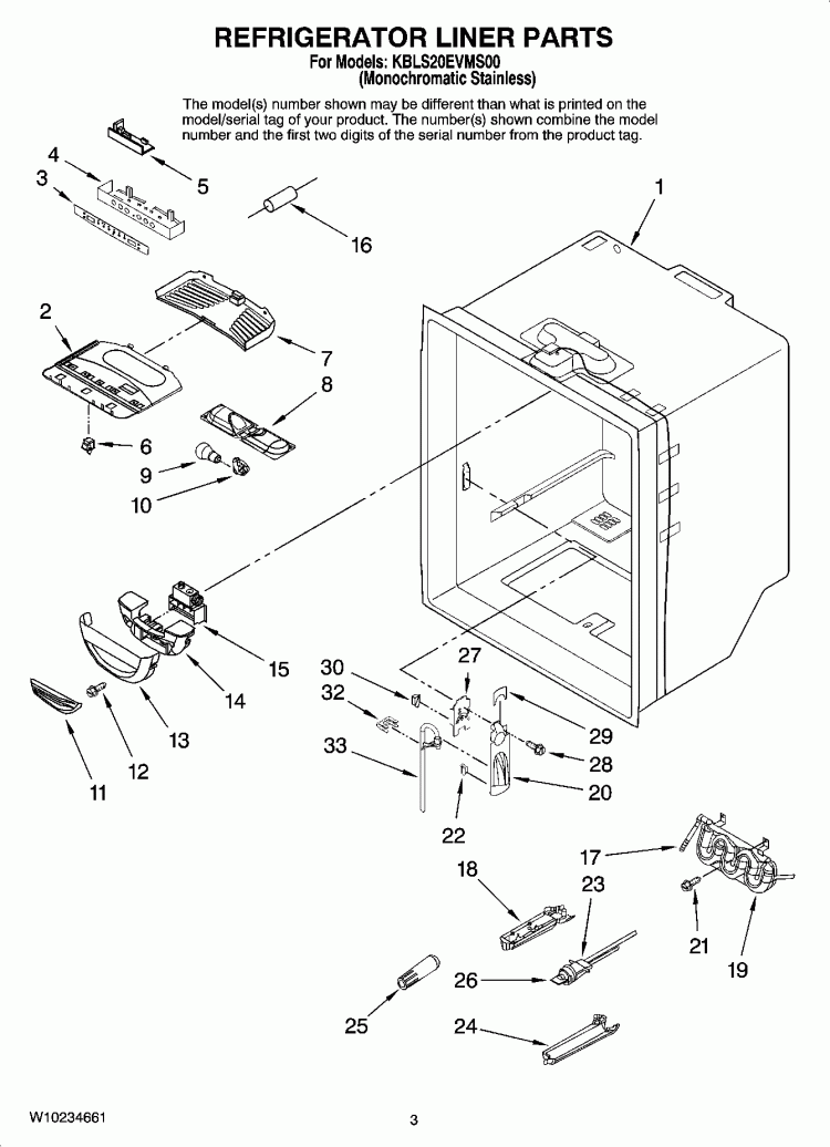 REFRIGERATOR LINER PARTS Diagram and Parts List for KBLS20EVMS00  KitchenAid Refrigerator