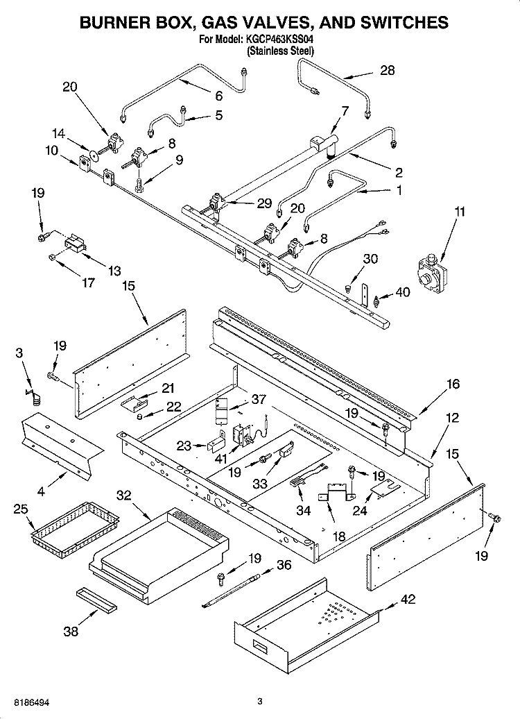 BURNER BOX, GAS VALVES, AND SWITCHES, OPTIONAL PARTS Diagram and Parts List for KGCP463KSS04  KitchenAid Cooktop