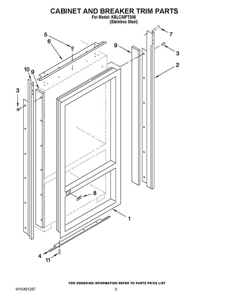 CABINET AND BREAKER TRIM PARTS Diagram and Parts List for KBLC36FTS06  KitchenAid Refrigerator